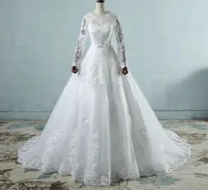 Classical Long Lace Sleeve Court Train Wedding Bridal Gown