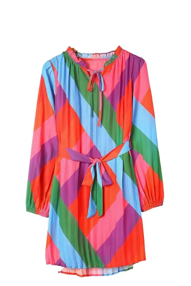 Color Block Pleated Long Sleeve Dress