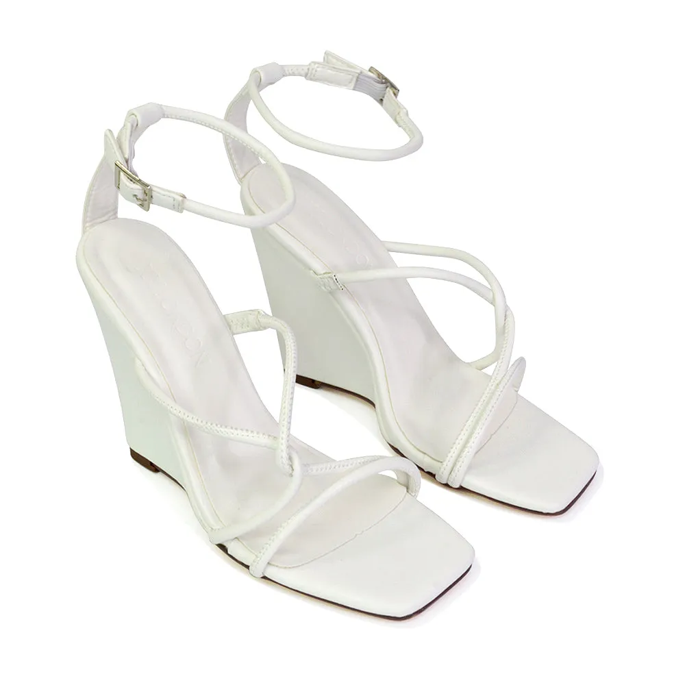 Danica Strappy Cross Over Square Toe Wedge High Heel Summer Sandals in Silver