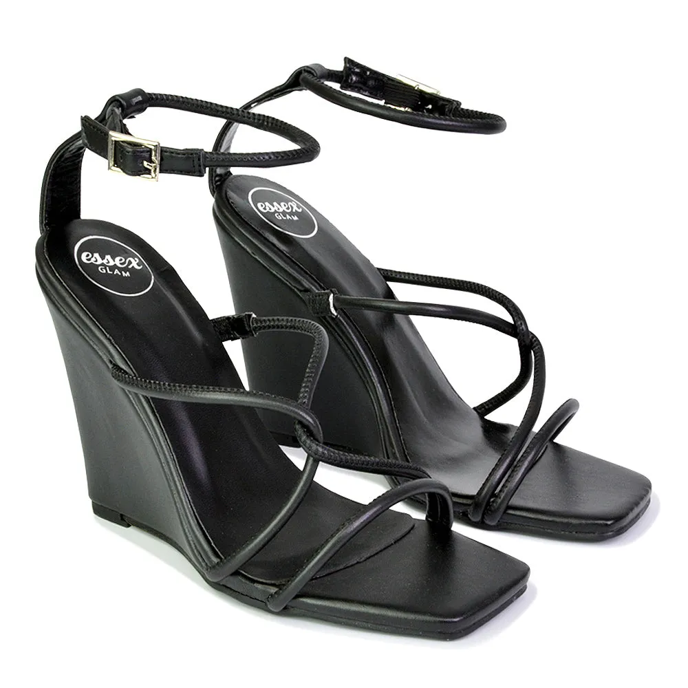 Danica Strappy Cross Over Square Toe Wedge High Heel Summer Sandals in Silver