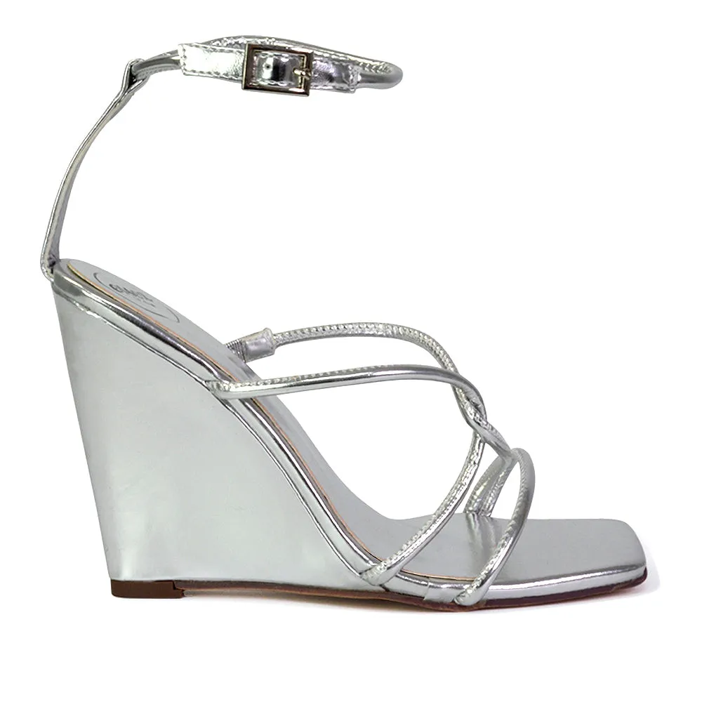 Danica Strappy Cross Over Square Toe Wedge High Heel Summer Sandals in Silver