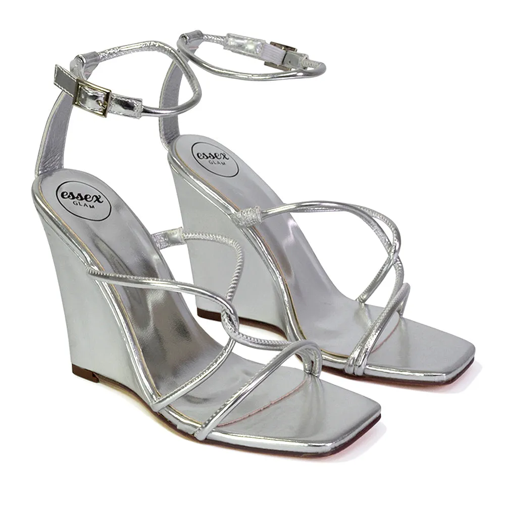 Danica Strappy Cross Over Square Toe Wedge High Heel Summer Sandals in Silver