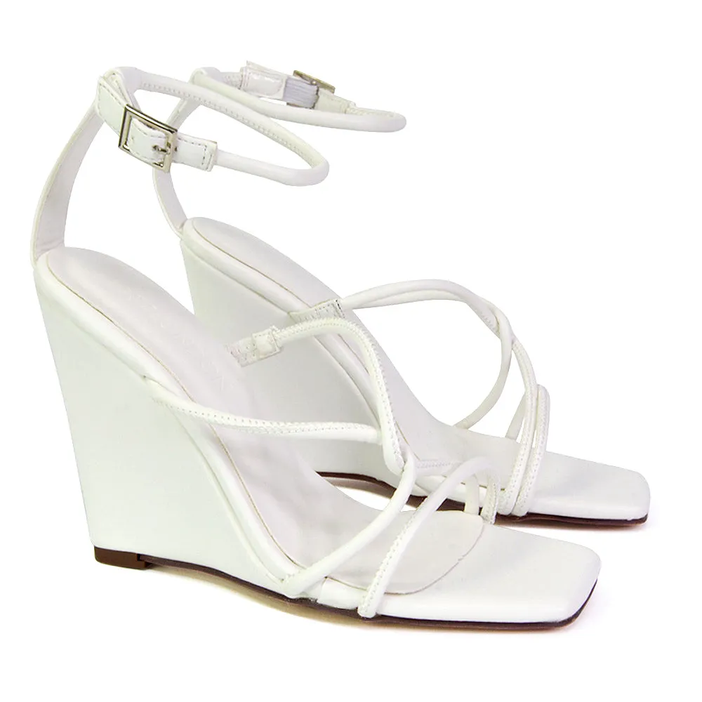 Danica Strappy Cross Over Square Toe Wedge High Heel Summer Sandals in Silver