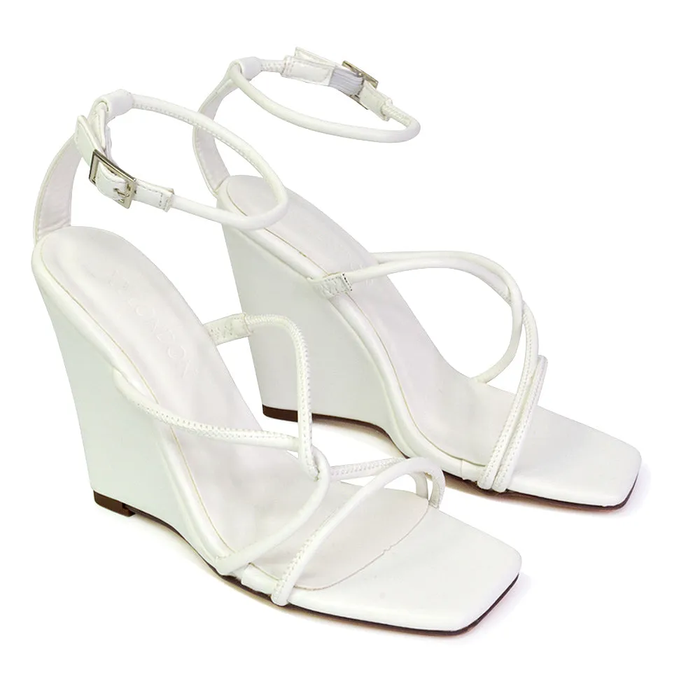 Danica Strappy Cross Over Square Toe Wedge High Heel Summer Sandals in Silver