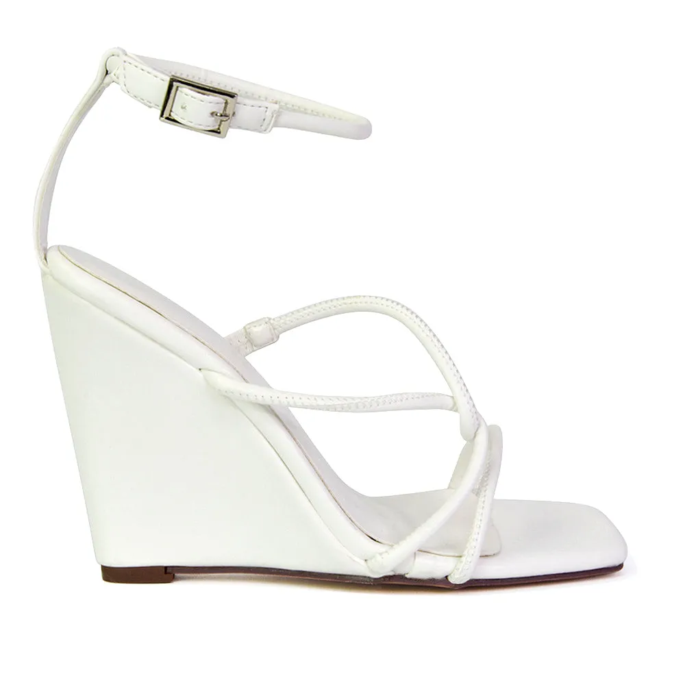 Danica Strappy Cross Over Square Toe Wedge High Heel Summer Sandals in Silver