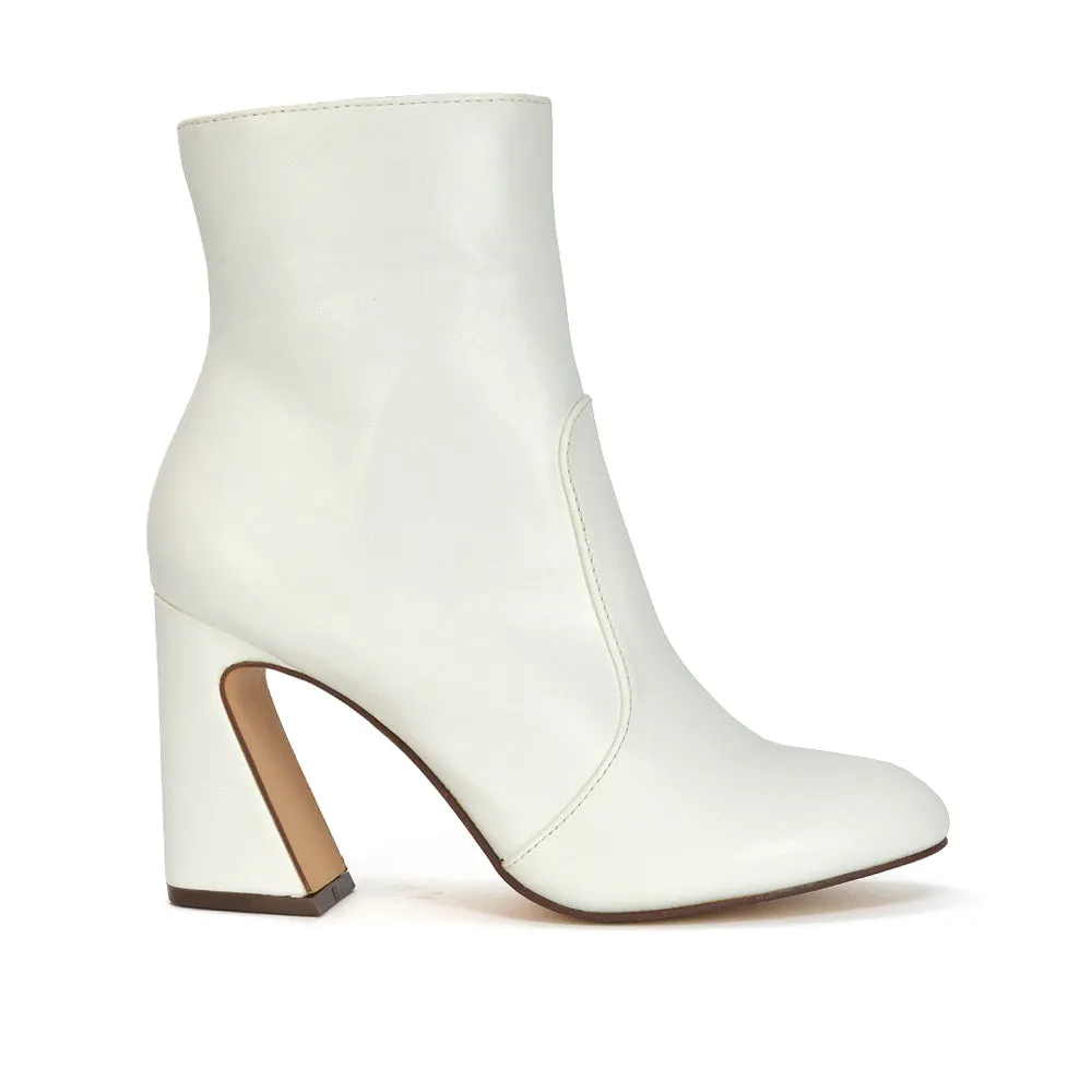 Davina Mid High Flared Sculptured Heel Zip-Up Ankle Boots in White Synthetic Leather