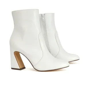 Davina Mid High Flared Sculptured Heel Zip-Up Ankle Boots in White Synthetic Leather