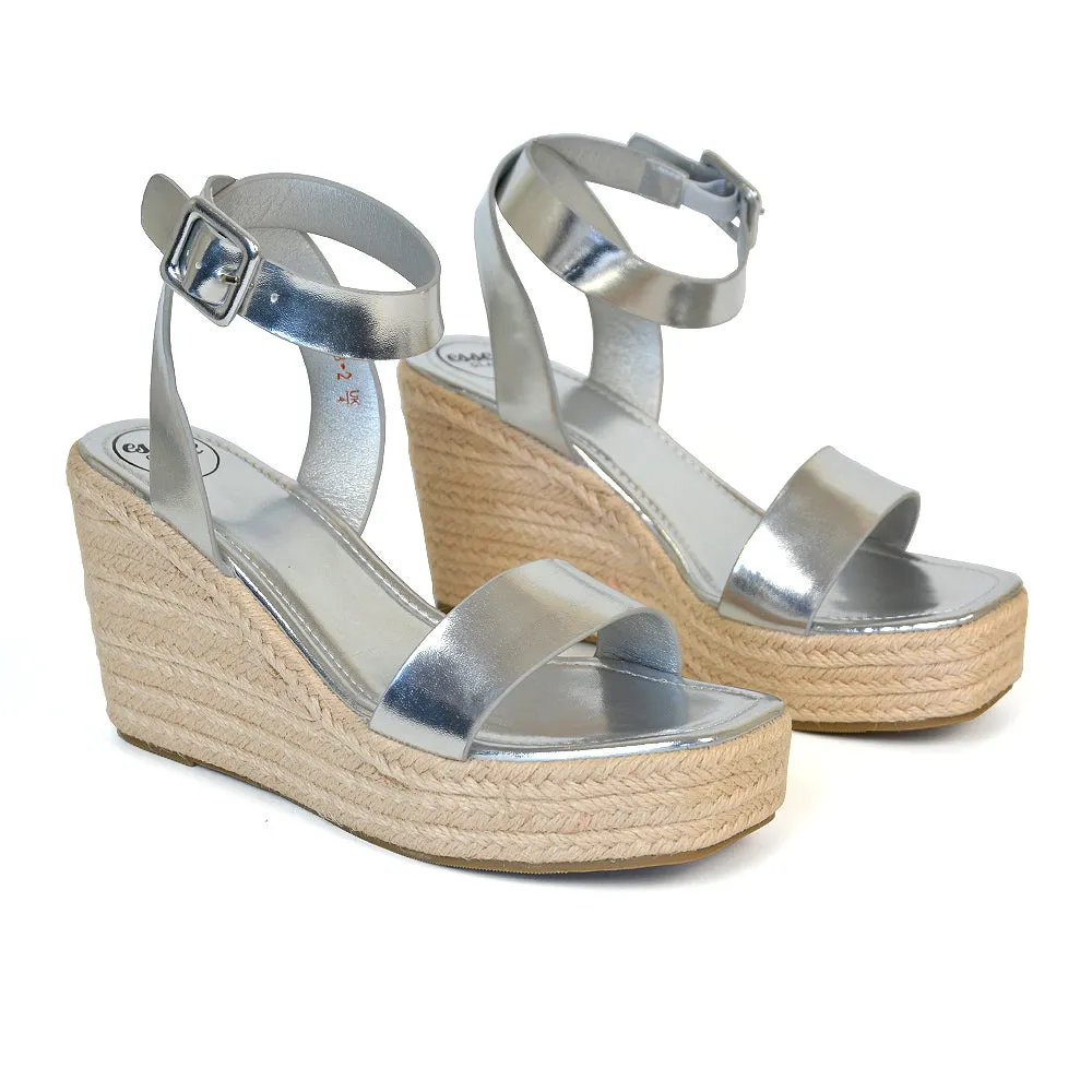 Dayla Platform Espadrille Sandal Wedge Heel With a Square Toe in Silver