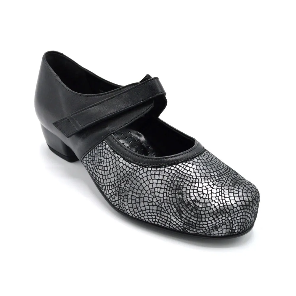 DB Mosaic - Ladies Wide FIt Leather Court Shoe - 2V (2E-4E Fitting) - Black