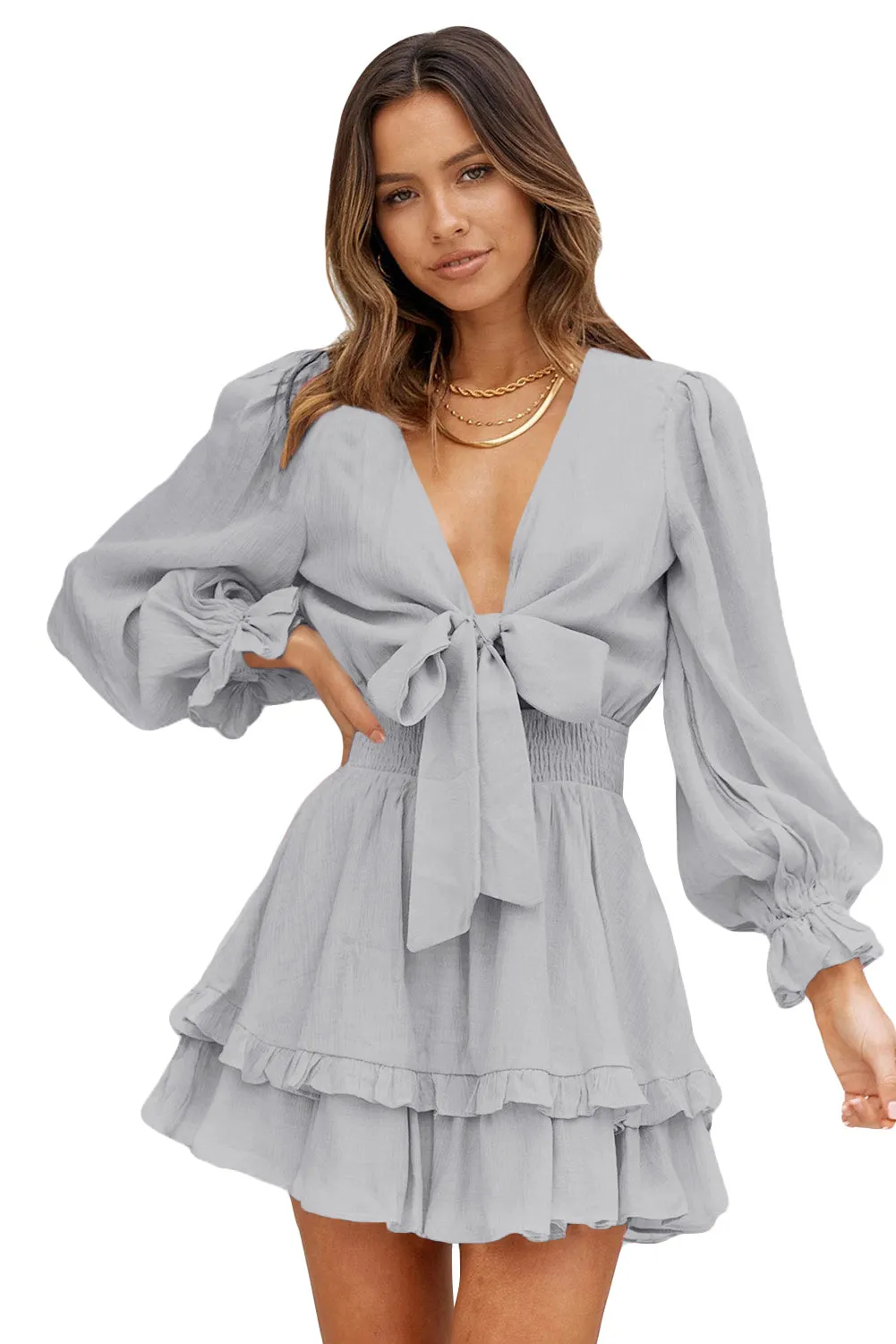 Deep V Neck Lantern Sleeve Knotted Tiered Mini Dress