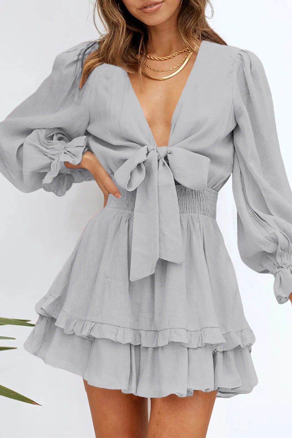 Deep V Neck Lantern Sleeve Knotted Tiered Mini Dress