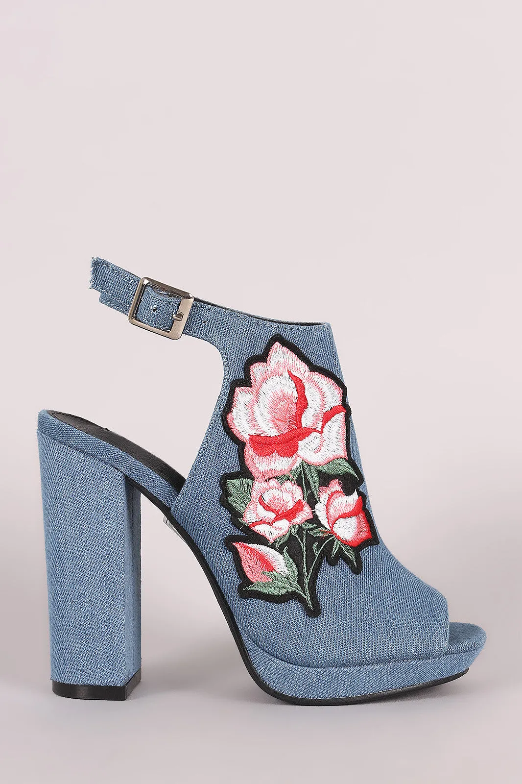 Denim Floral Applique Peep Toe Mule Chunky Heel