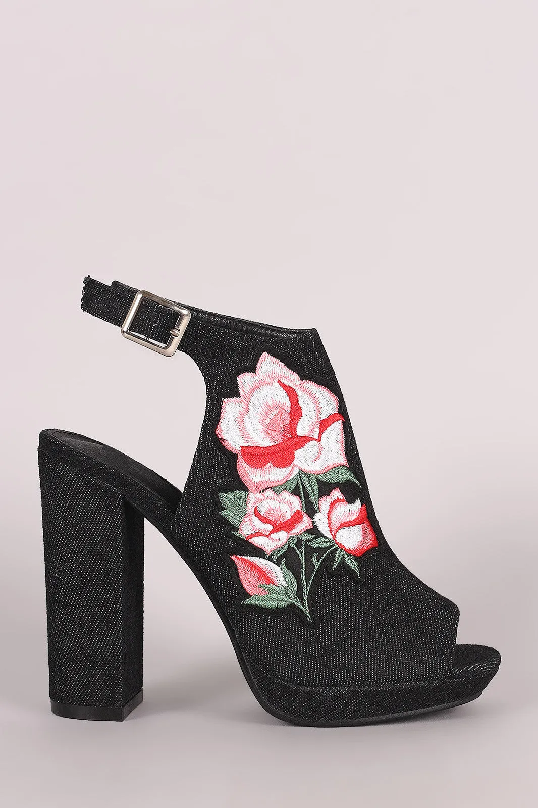 Denim Floral Applique Peep Toe Mule Chunky Heel