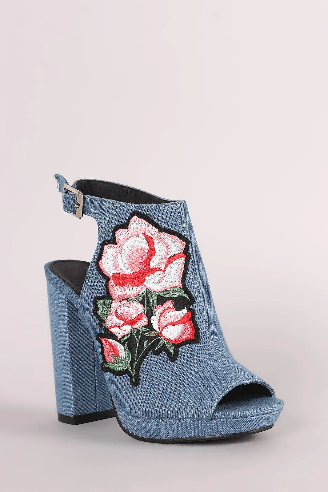 Denim Floral Applique Peep Toe Mule Chunky Heel