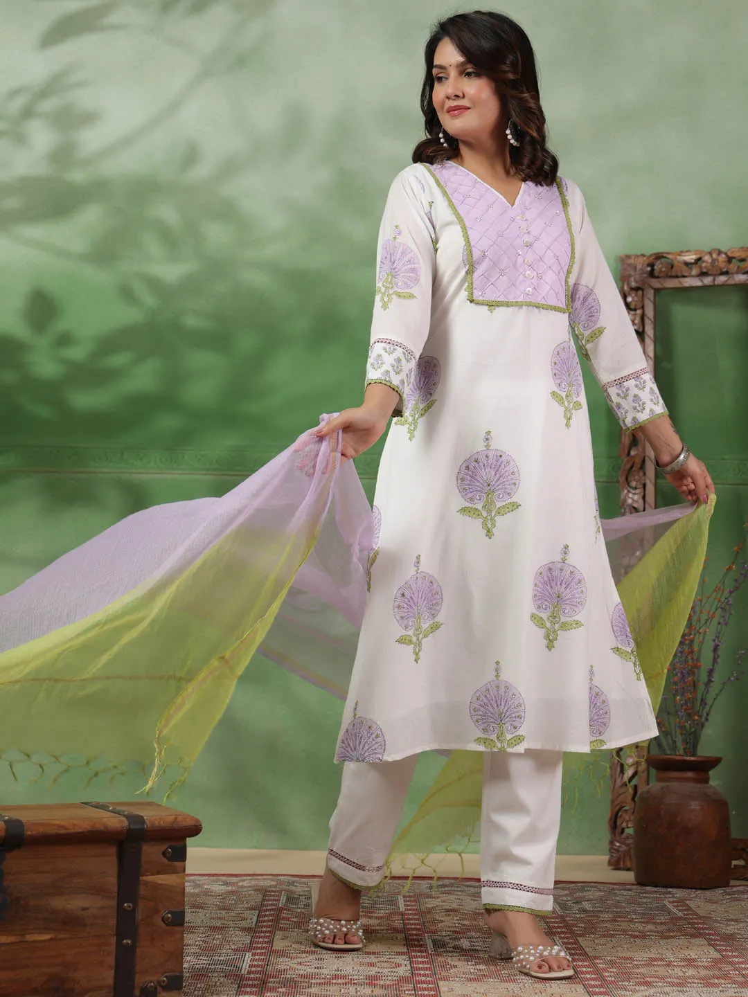 Digital Floral Printed Cotton Kurta With Pants & Dupatta