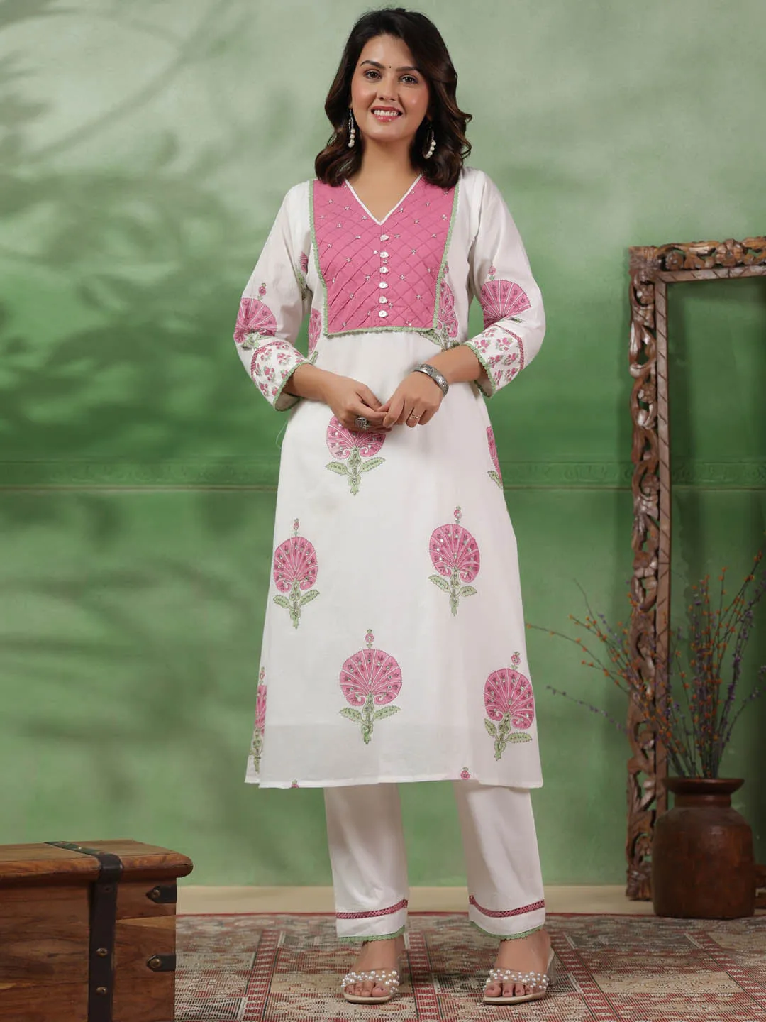 Digital Floral Printed Cotton Kurta With Pants & Dupatta