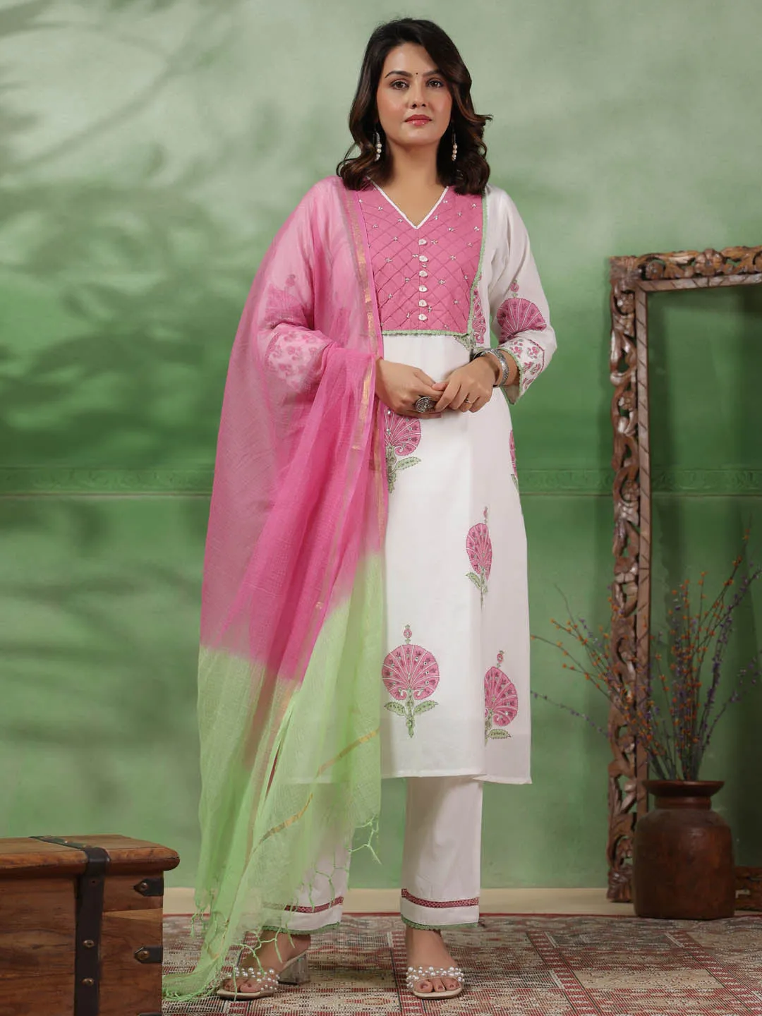 Digital Floral Printed Cotton Kurta With Pants & Dupatta