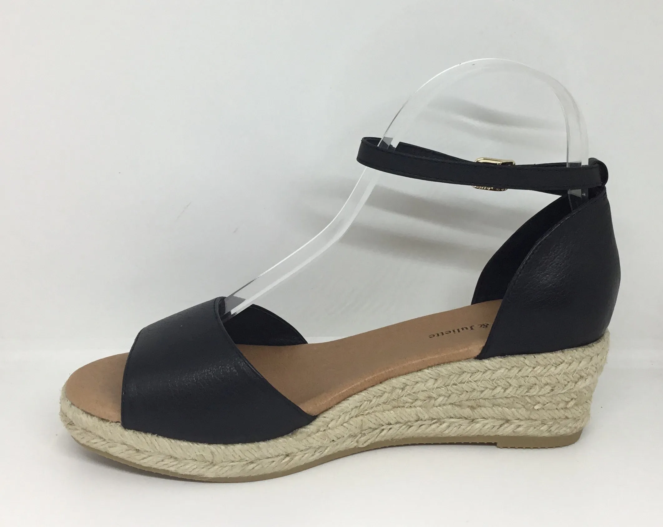 Django & Juliette Skip Black Leather Espadrille Wedge