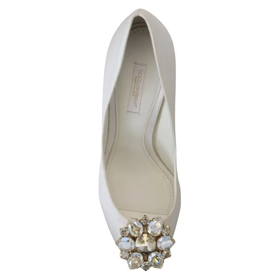 Dolce & Gabbana Crystal-Embellished White Peep Toe Heels