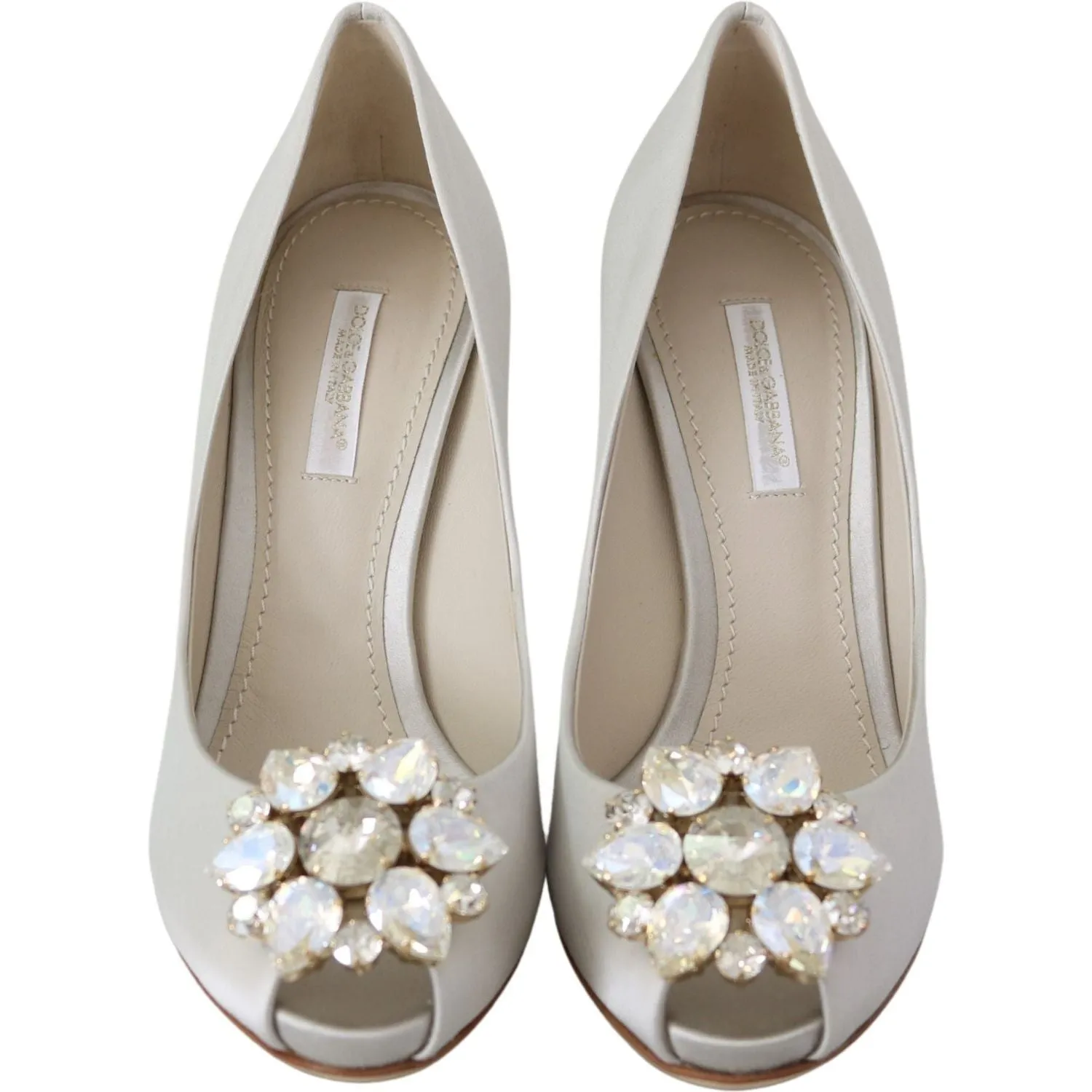 Dolce & Gabbana White Crystal Peep Toe Silk Blend Heels