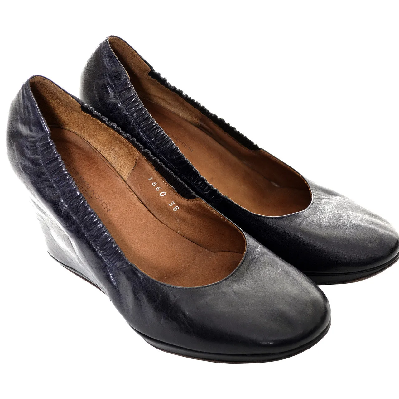 Dries Van Noten Midnight Blue Leather Wedge Pumps Covered Heels 7.5