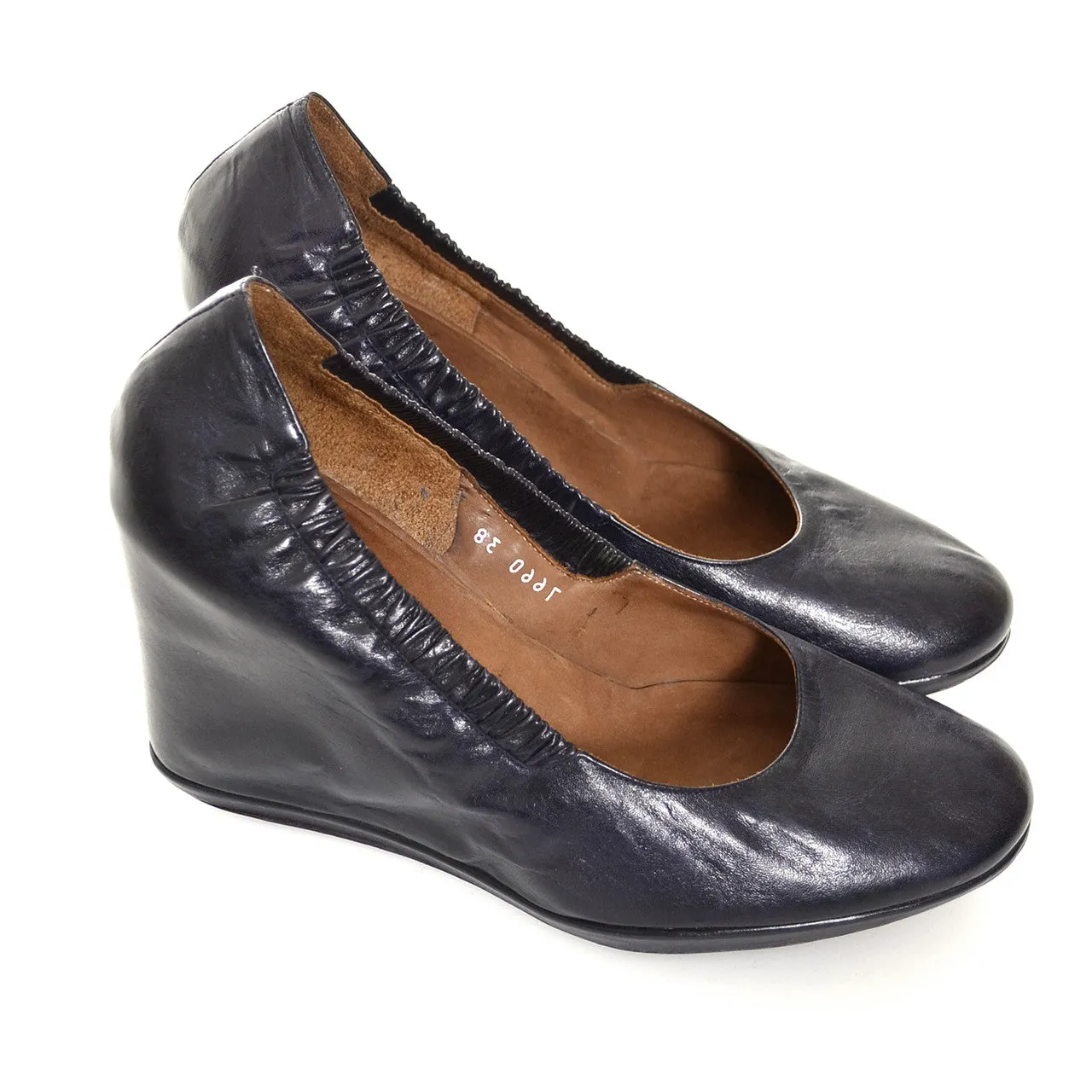 Dries Van Noten Midnight Blue Leather Wedge Pumps Covered Heels 7.5