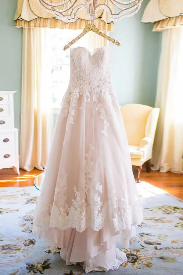 Elegant Sweetheart A Line Blush Wedding Dresses with White Lace OK555