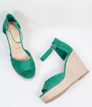 Emerald Suede Peep Toe Espadrille Wedges