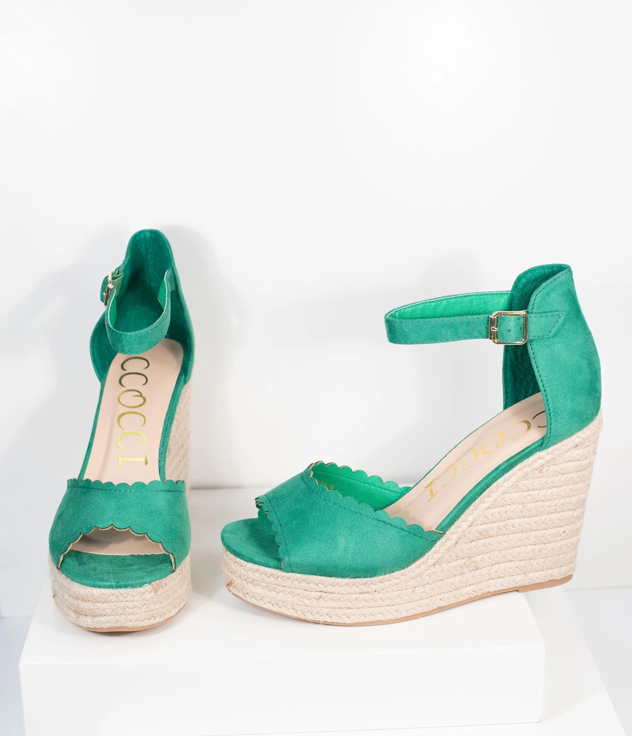 Emerald Suede Peep Toe Espadrille Wedges