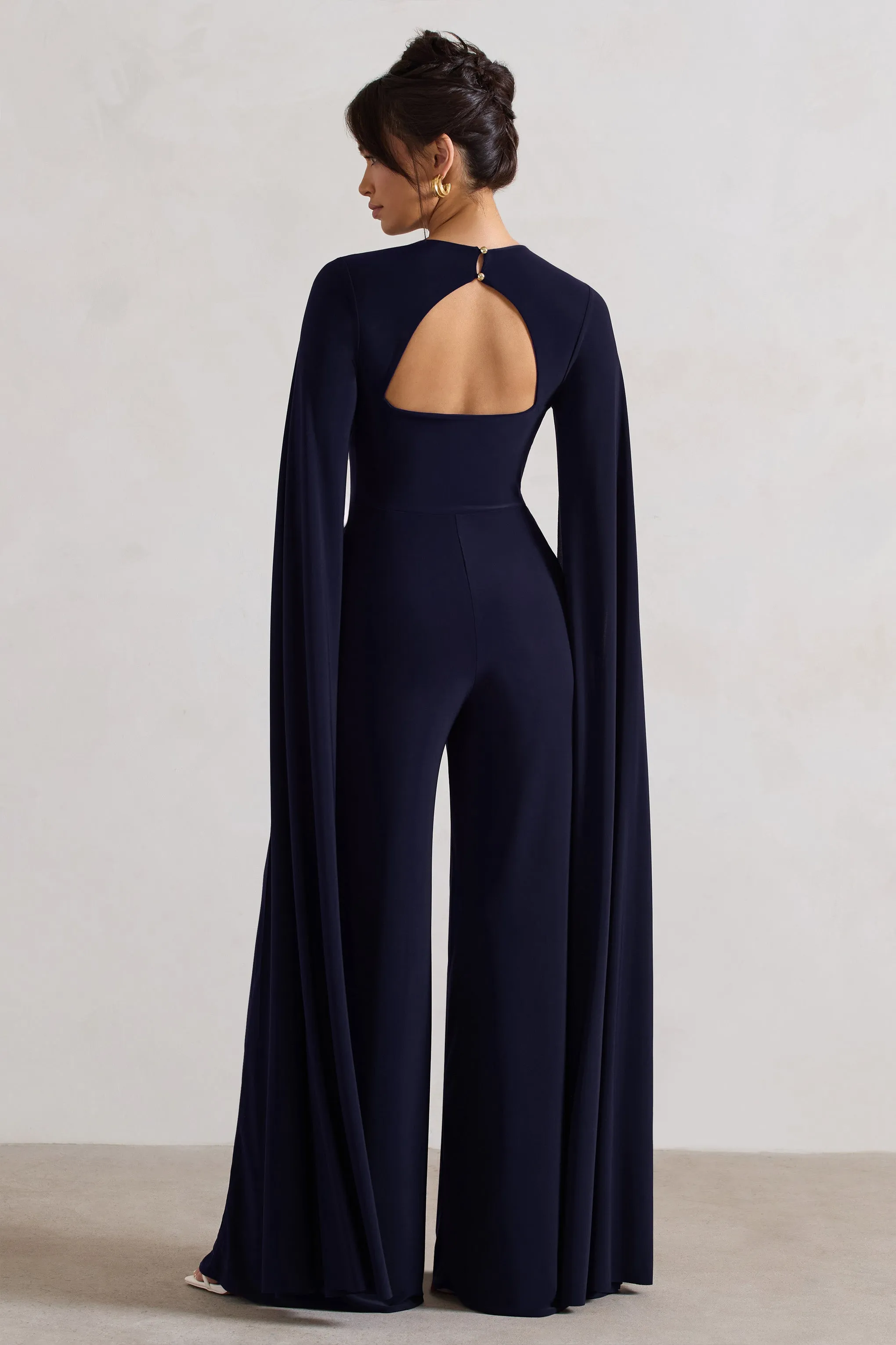 Emmanuela | Navy Plunge-Neck Wide-Leg Jumpsuit With Cape Sleeves