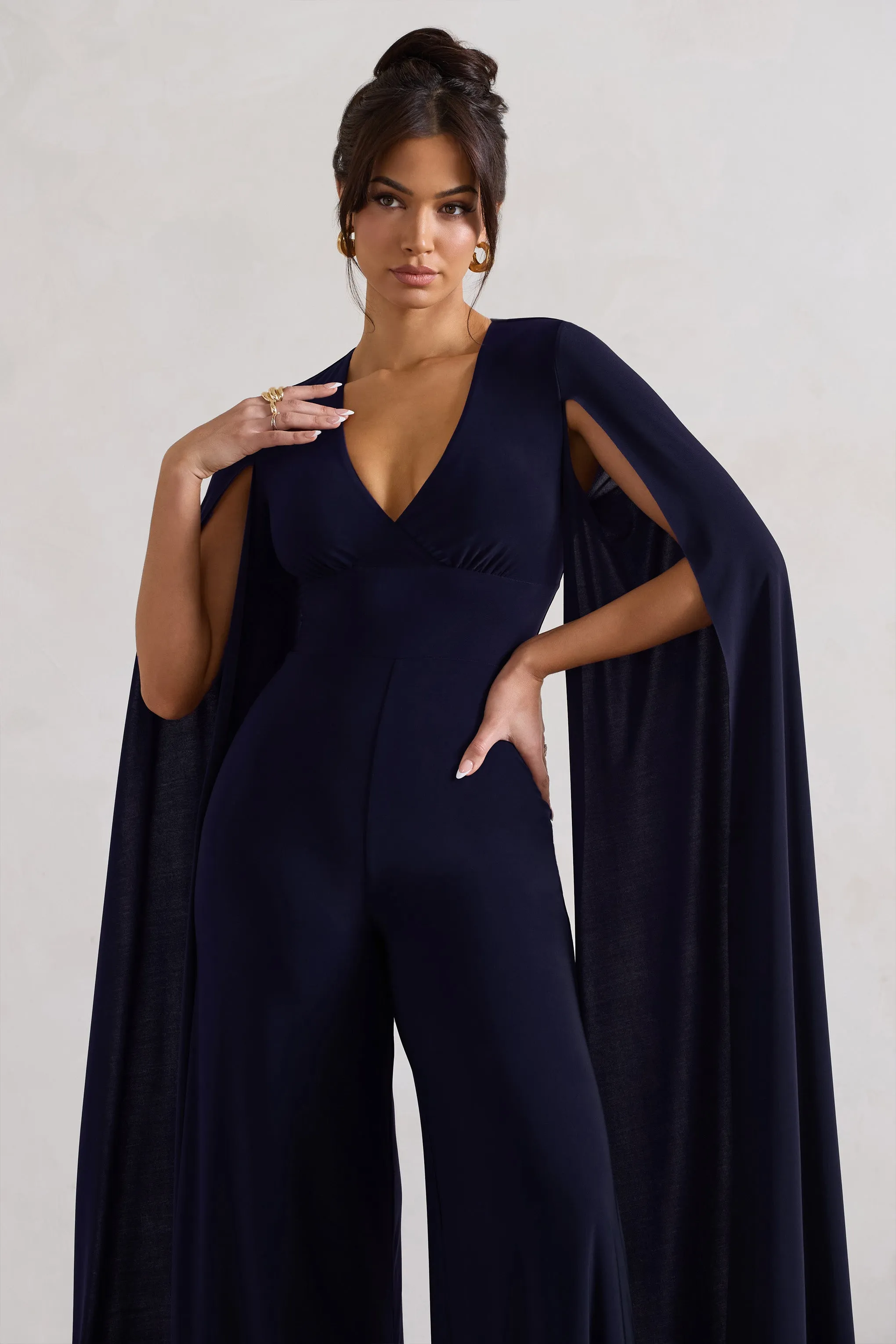 Emmanuela | Navy Plunge-Neck Wide-Leg Jumpsuit With Cape Sleeves