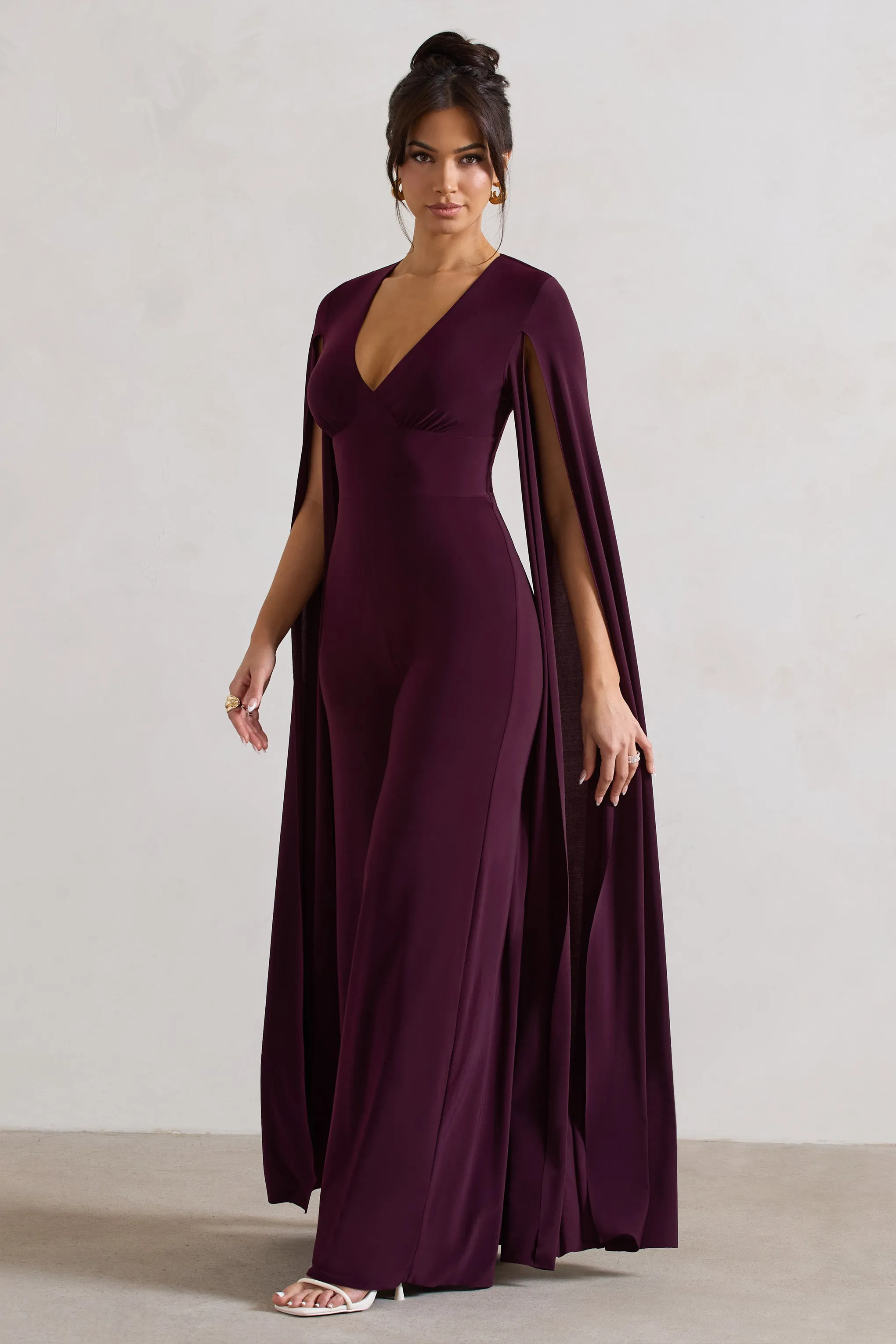 Emmanuela | Plum Plunge-Neck Wide-Leg Jumpsuit With Cape Sleeves