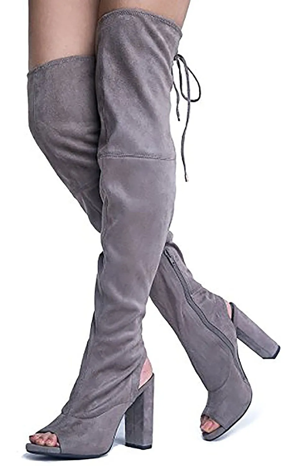 Faux Suede Peep Toe - Thigh High Zipper Closure Lace Up - Chunky High Heel Over The Knee Boot, MVE Shoes