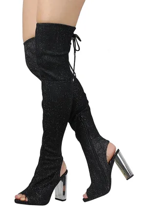 Faux Suede Peep Toe - Thigh High Zipper Closure Lace Up - Chunky High Heel Over The Knee Boot, MVE Shoes