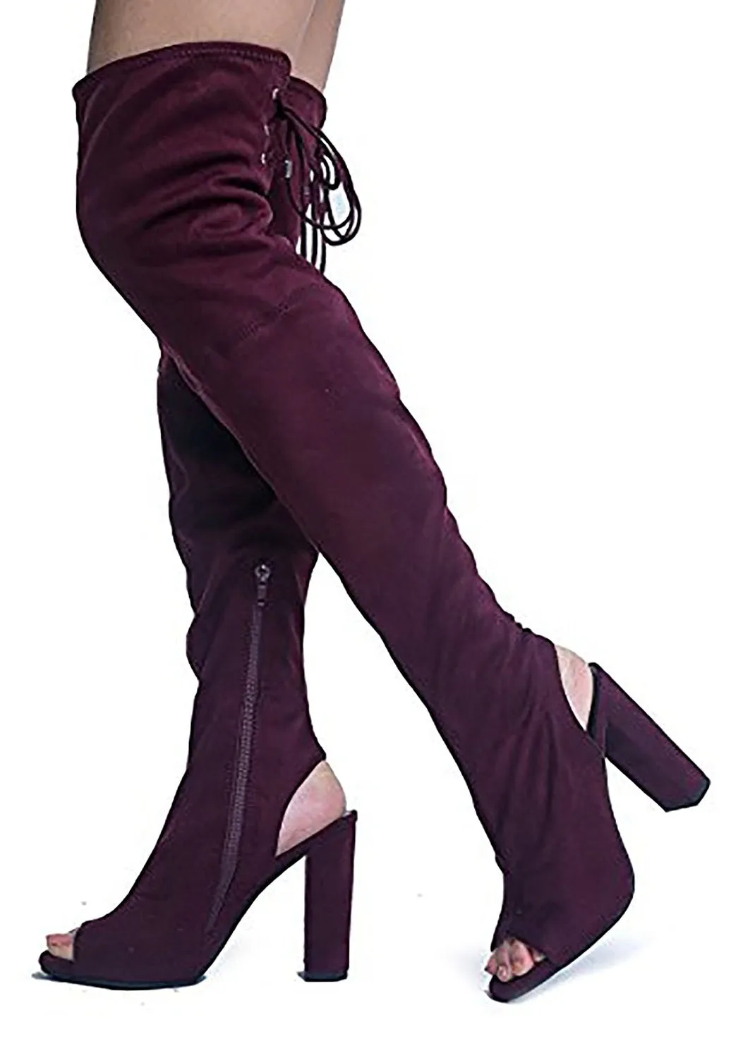 Faux Suede Peep Toe - Thigh High Zipper Closure Lace Up - Chunky High Heel Over The Knee Boot, MVE Shoes