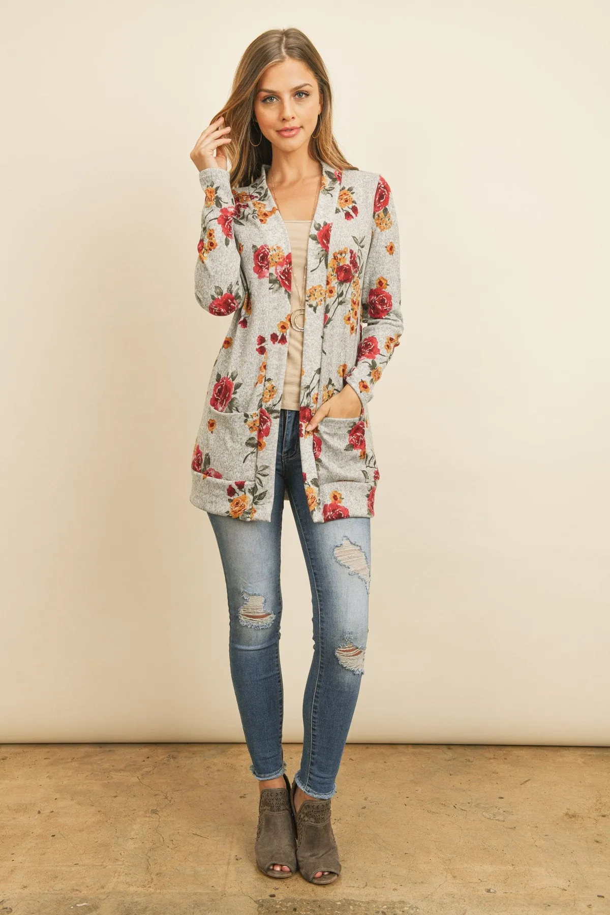 Floral Print Brushed Hacci Cardigan With Pockets