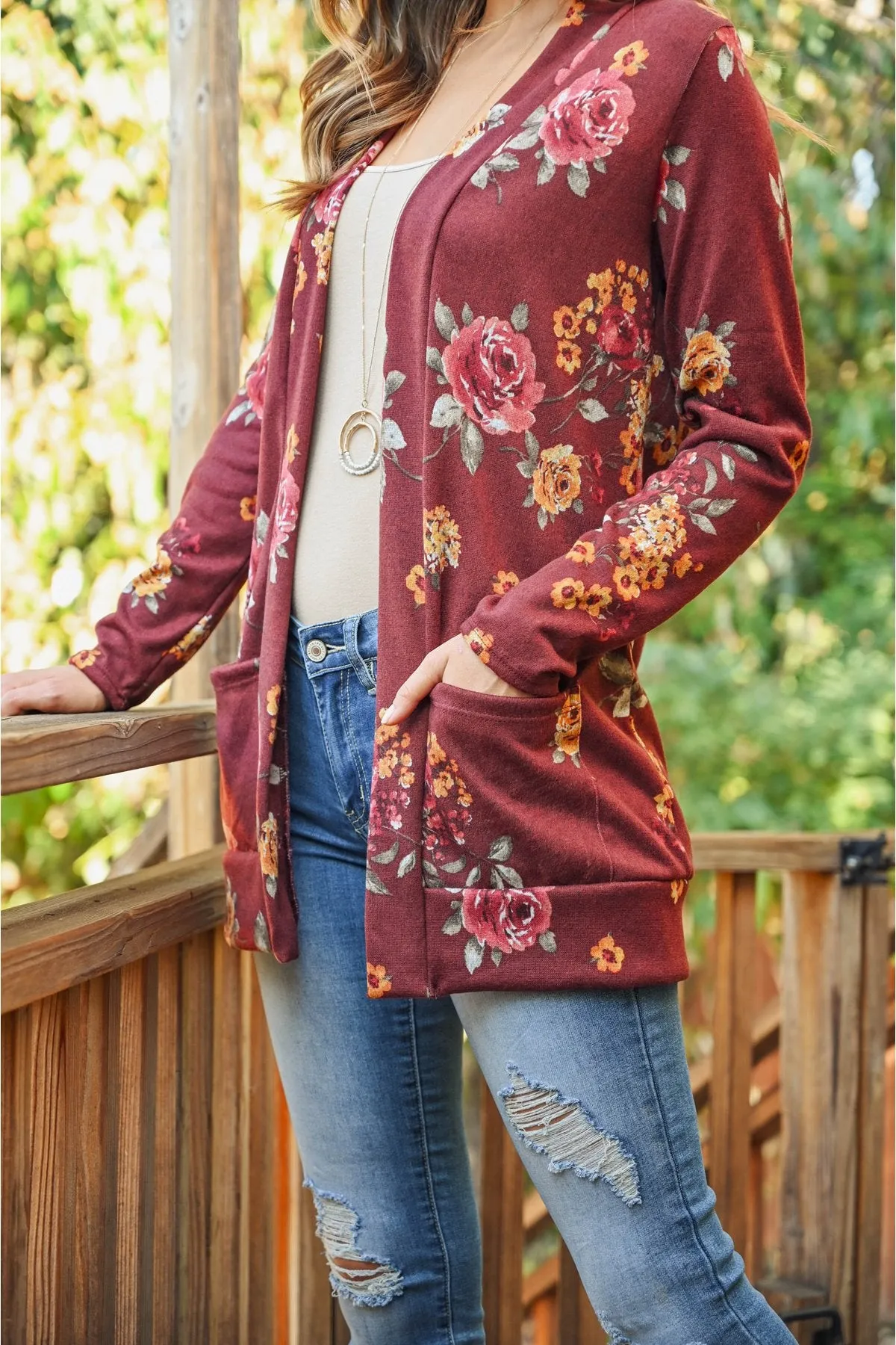 Floral Print Brushed Hacci Cardigan With Pockets