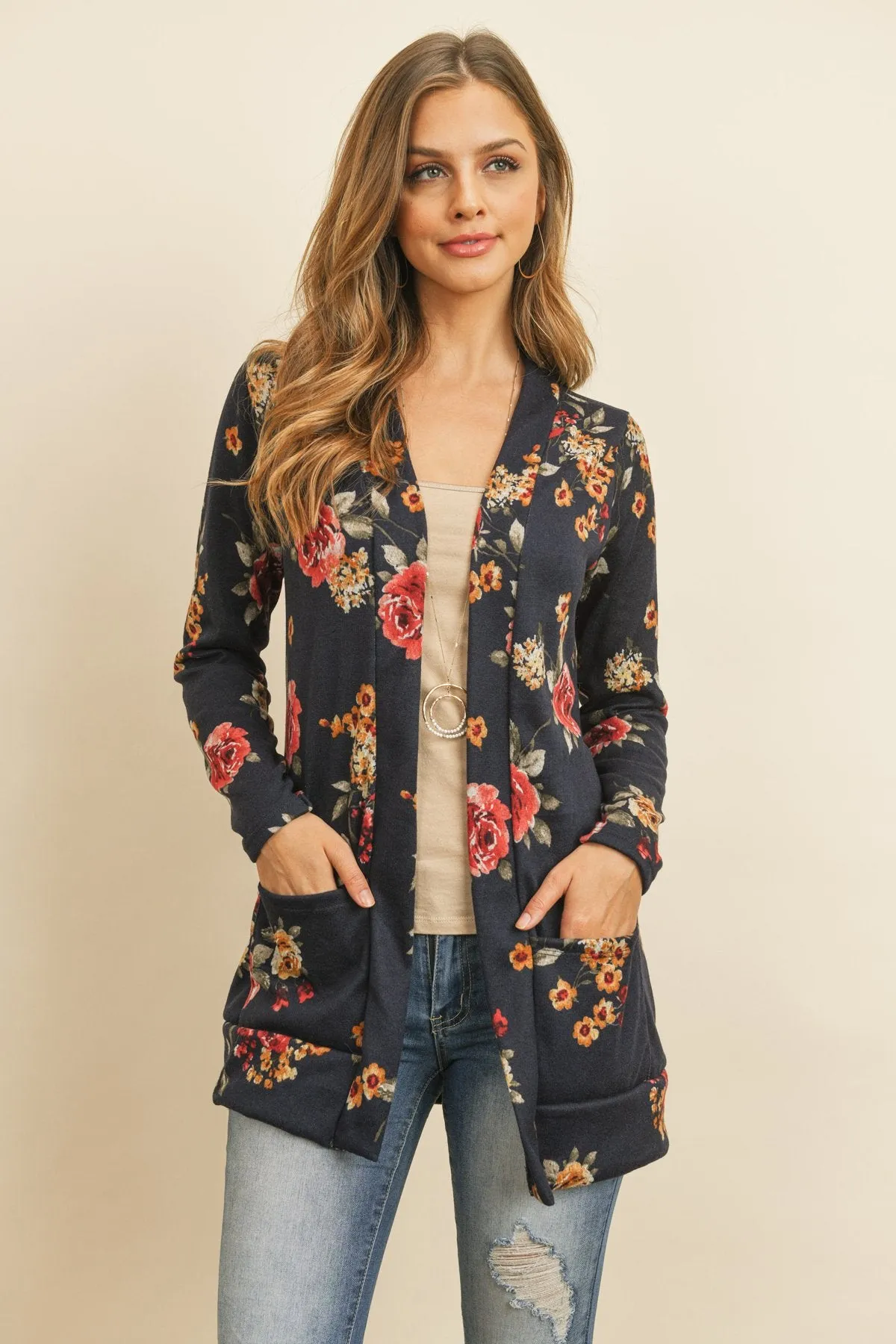 Floral Print Brushed Hacci Cardigan With Pockets