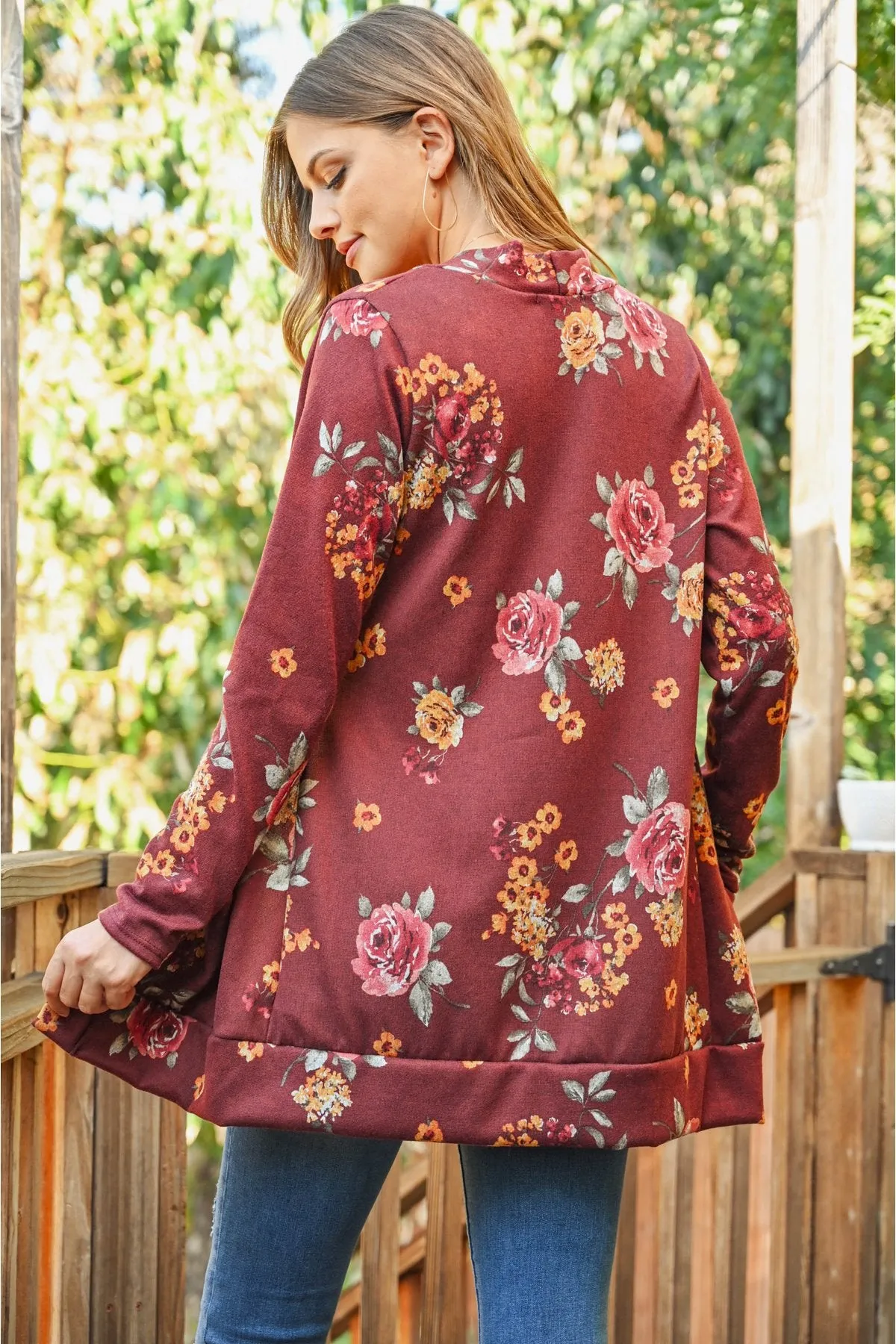 Floral Print Brushed Hacci Cardigan With Pockets