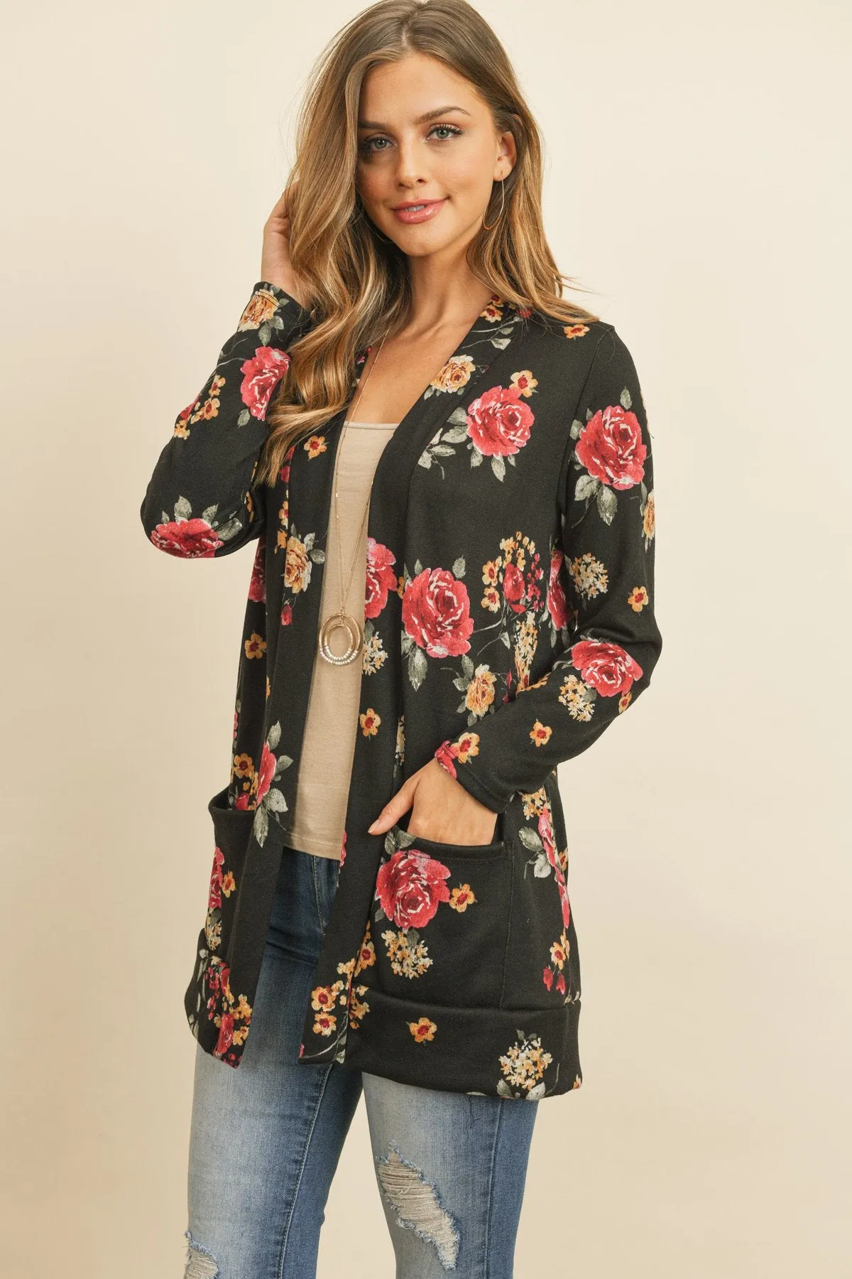 Floral Print Brushed Hacci Cardigan With Pockets