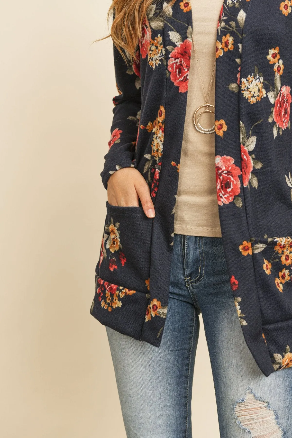 Floral Print Brushed Hacci Cardigan With Pockets