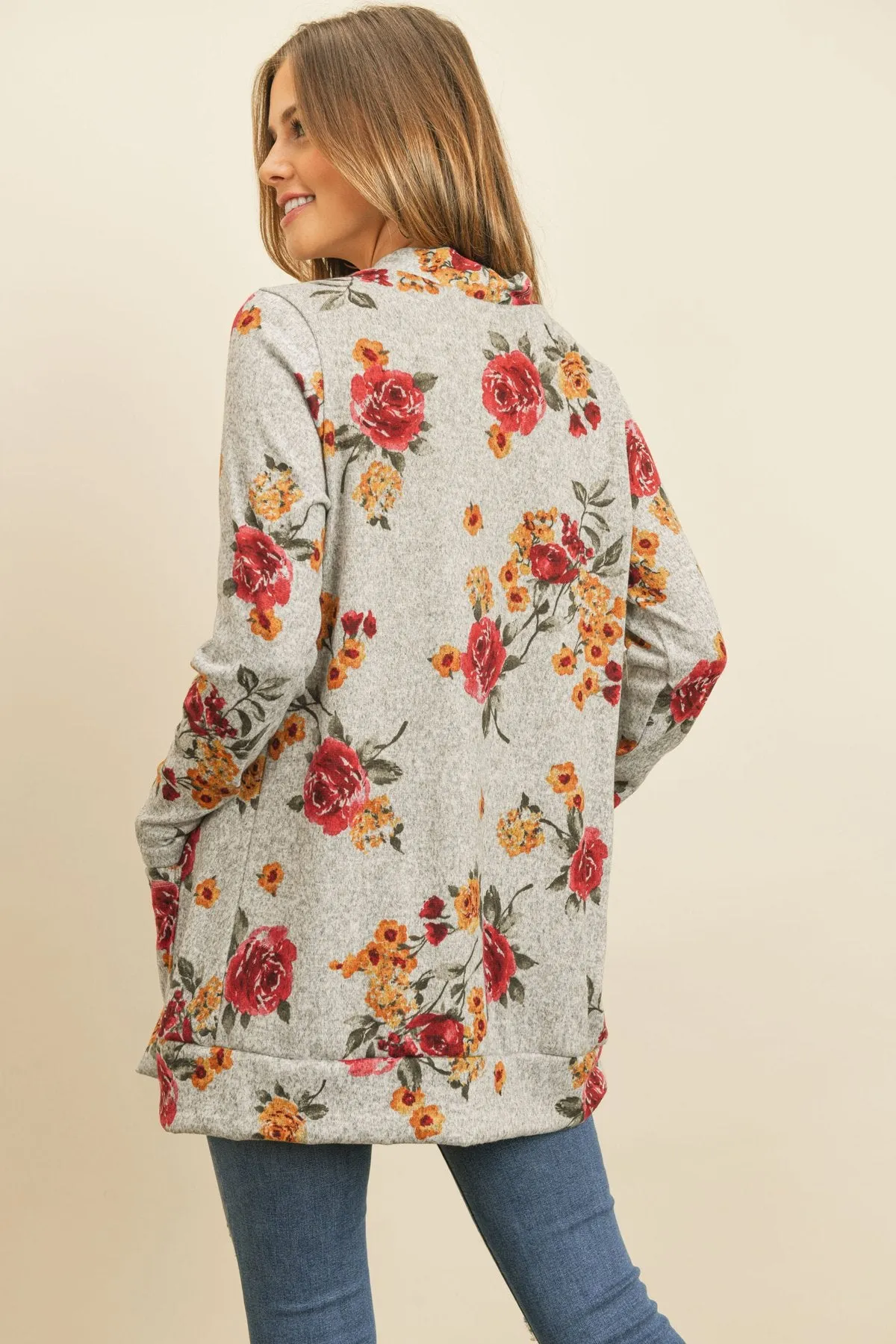 Floral Print Brushed Hacci Cardigan With Pockets