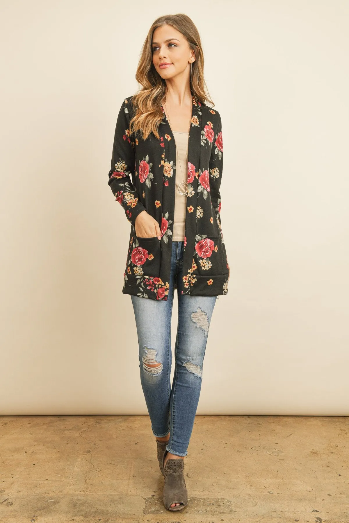 Floral Print Brushed Hacci Cardigan With Pockets