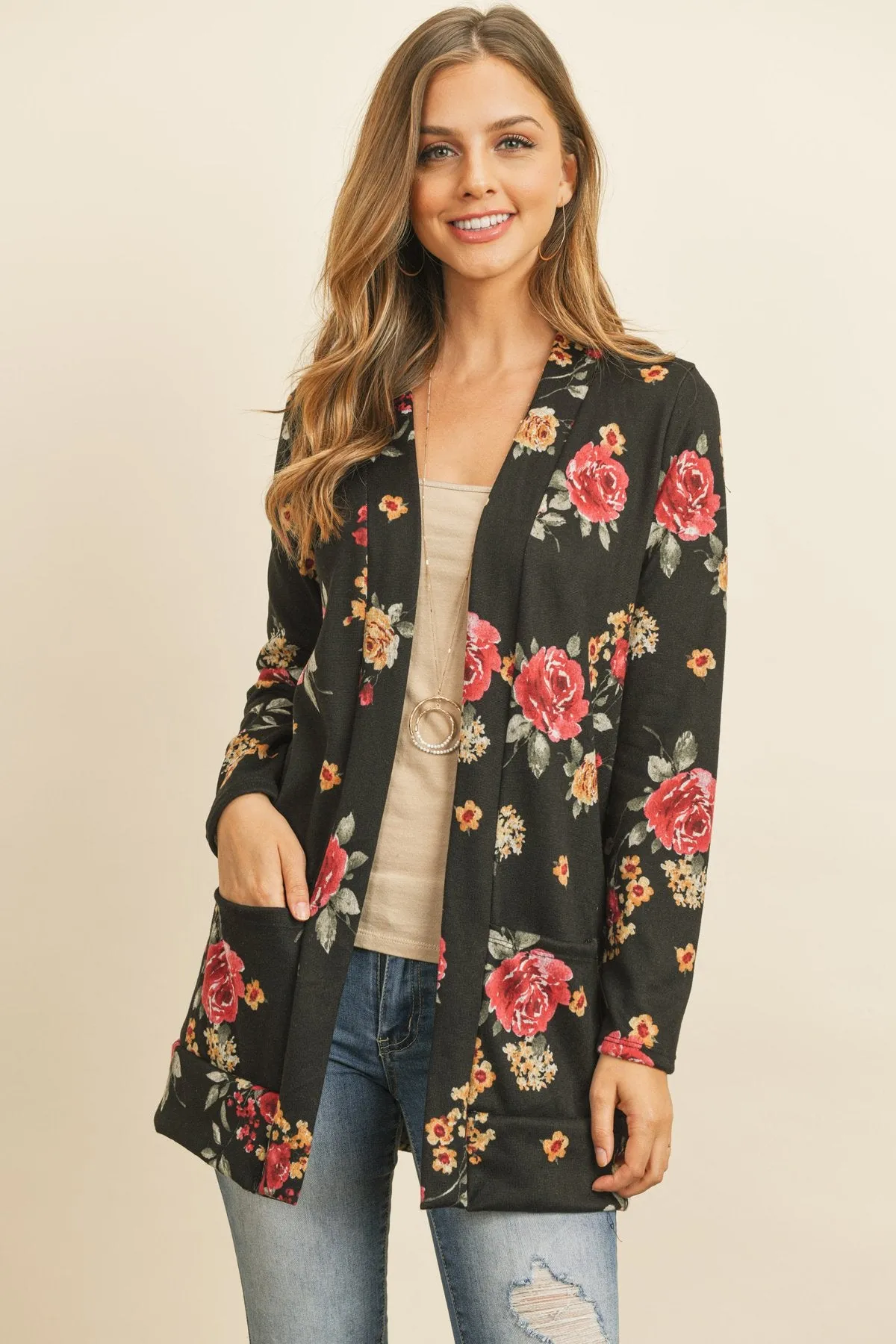 Floral Print Brushed Hacci Cardigan With Pockets