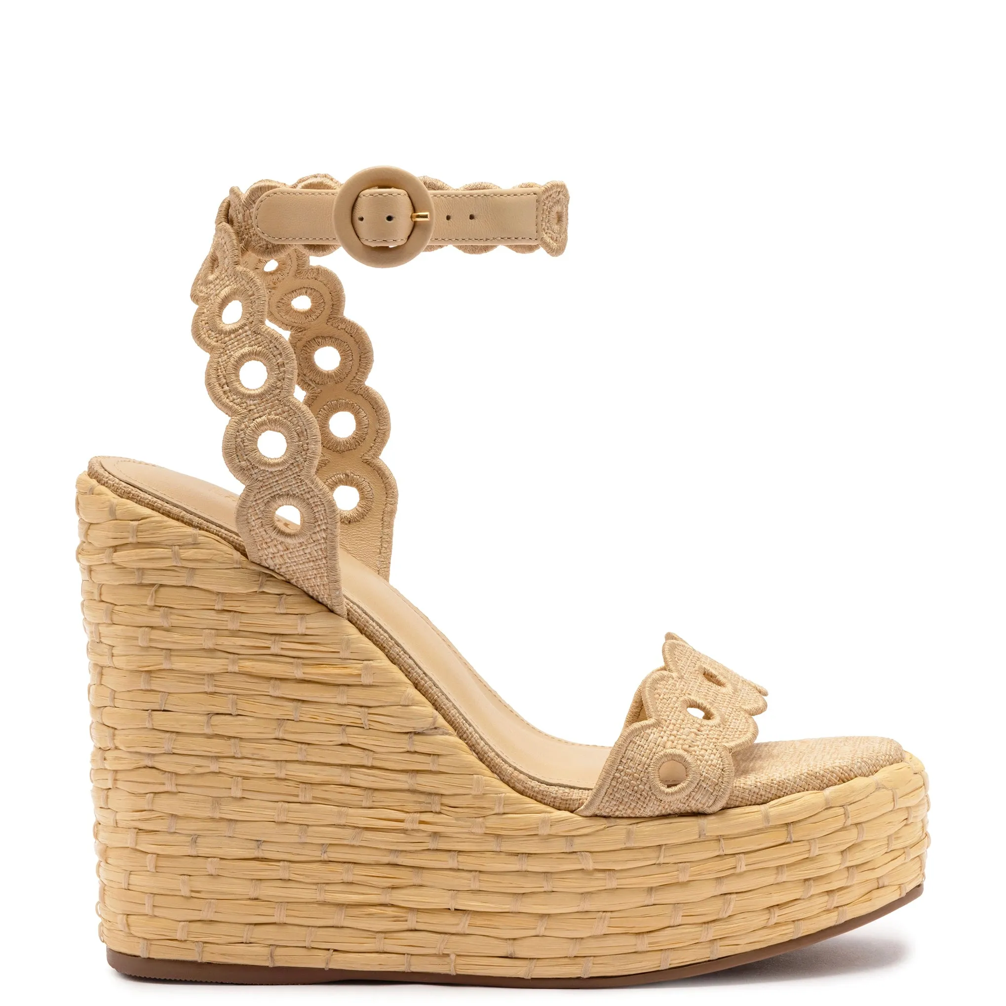 Florence Broderie Wedge In Beige Raffia