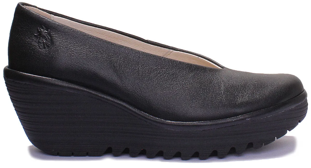 Fly London Yaz Leather Wedge Shoes In Black For Women