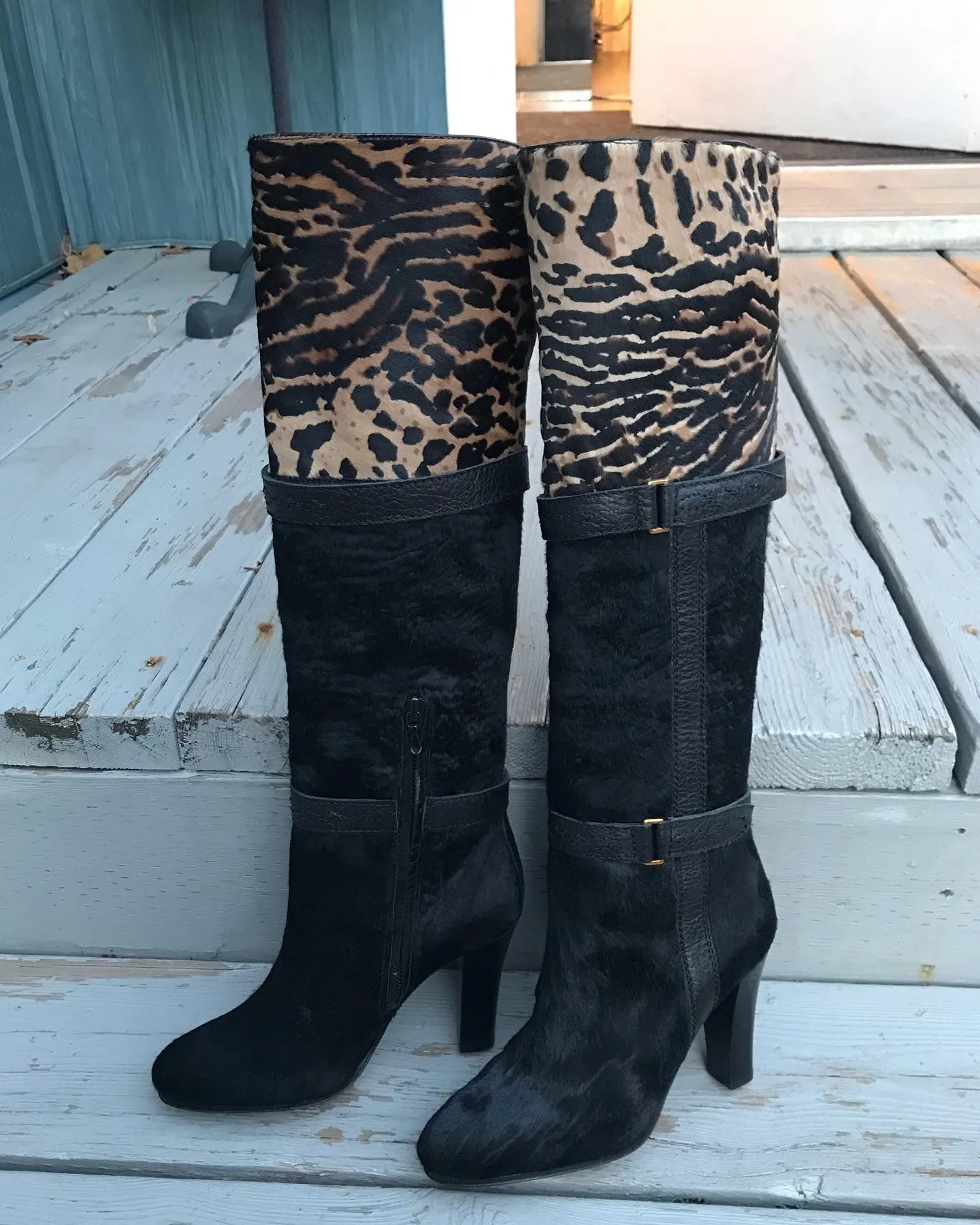 FRANKLIN ELMAN Pony Hair Leopard Print Knee-high Leather Boots