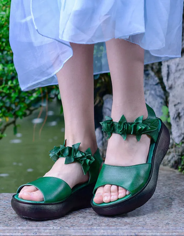 Genuine Leather Fish Toe Green Sandals