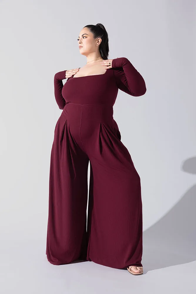 Go With The Flow Long Sleeve Jumpsuit - Garnet