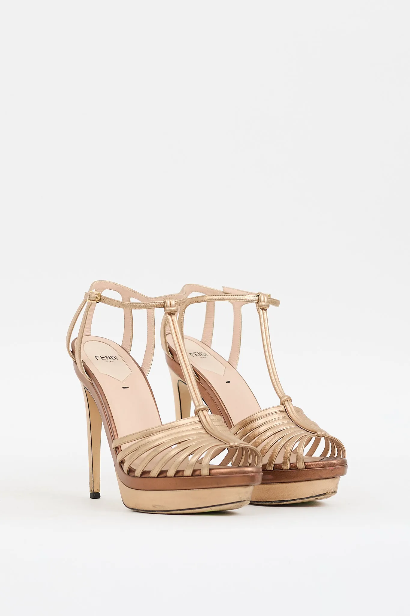 Gold & Brown Leather Strappy Platform Heel